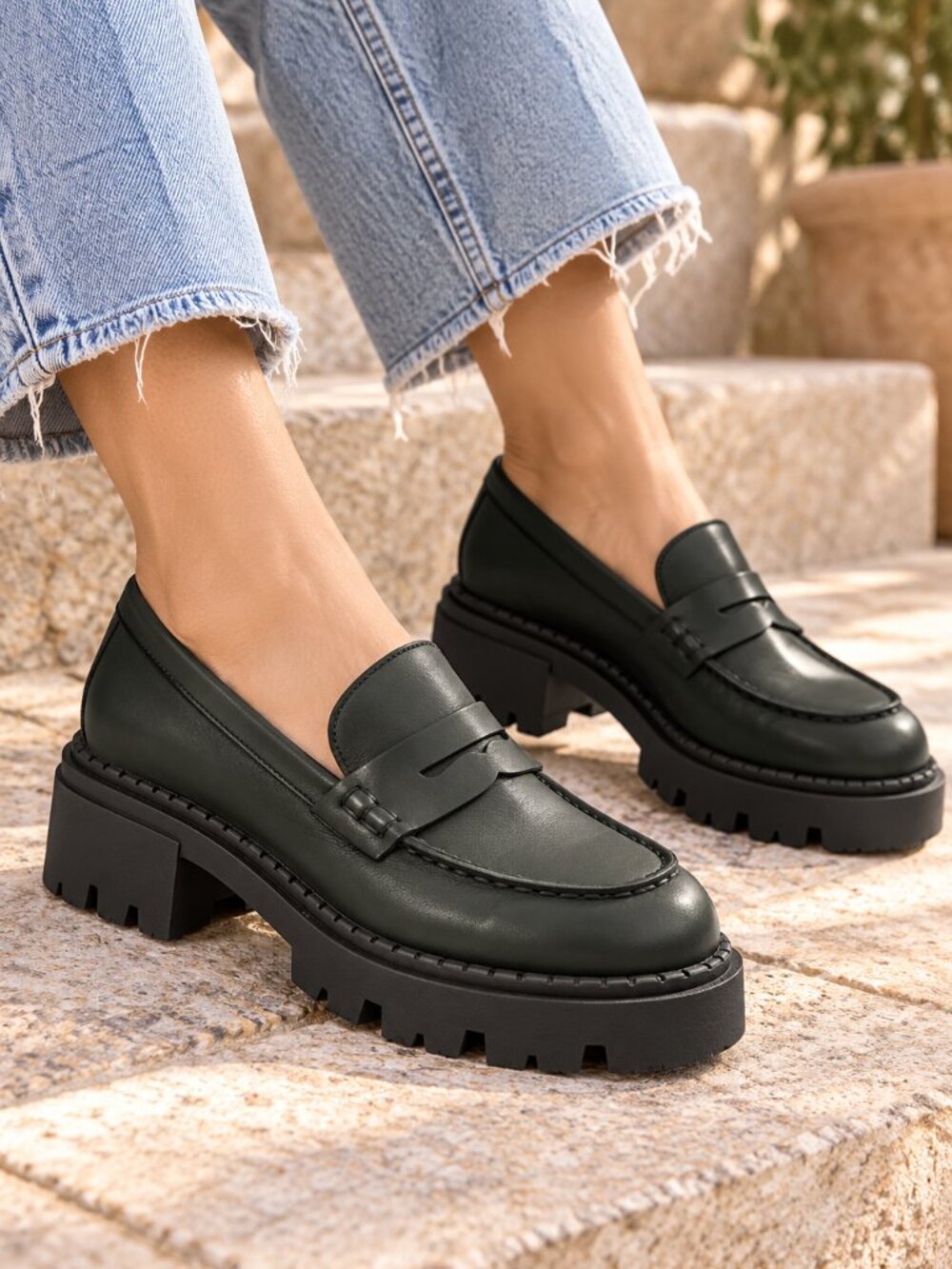 Free People Lyra Lug Sole Penny Loafers Green Leather Platform Sz 38.5